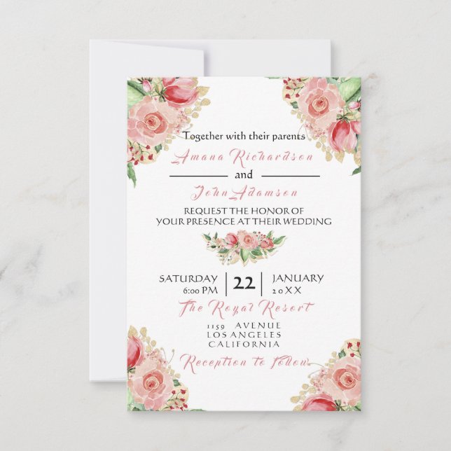 Convites Casamento de Rosas Florais pintadas com Rosa Rosa  (Frente)