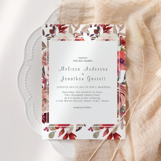 Convites Casamento de Rosas Florais Red Blush (Criador carregado)