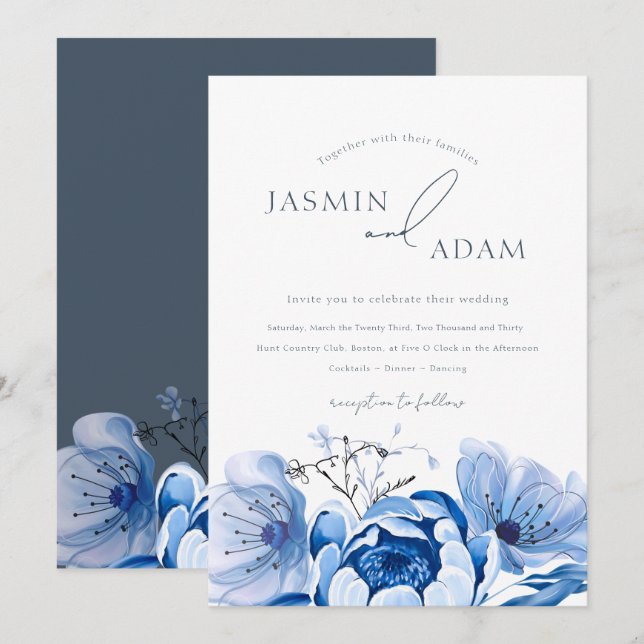 Convites Casamento de Rosas Florais Simples de Opulência Az (Frente/Verso)