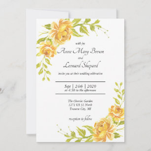 Convites Casamento de Rosas Floral, Elegante Amarelo e Lara