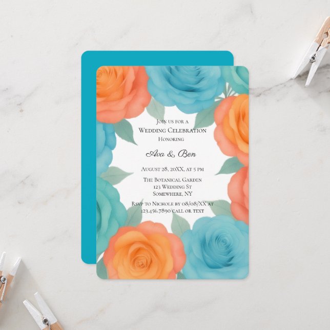 Convites Casamento de Rosas Laranja e Azul-turquesa em Aqua (Frente/Verso In Situ)