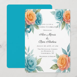 Convites Casamento de Rosas Laranja e Azul-turquesa em Aqua
