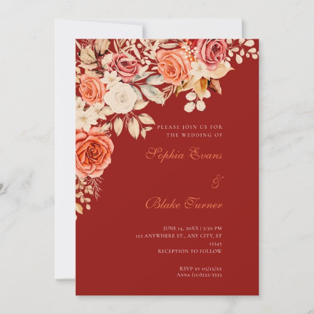 Convites Casamento de Rosas Laranja e Brancas Elegantes com (Frente)