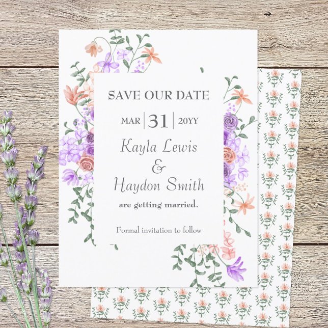 Convites Casamento de Rosas Lilac e Peach Salvar a Data (lilac and peach SAVE OUR DATE wedding announcement)