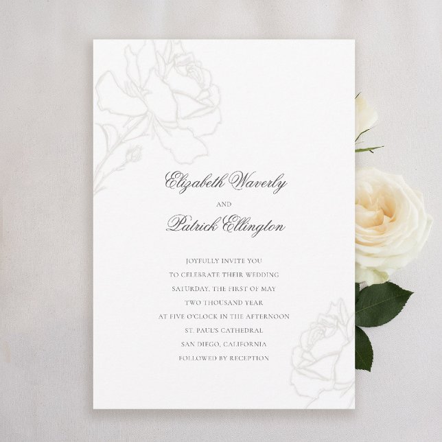 Convites Casamento de rosas Mínimos de Gravata Negra (formal traditional wedding invitation pale ivory roses black tie modern classic elegant minimalist)