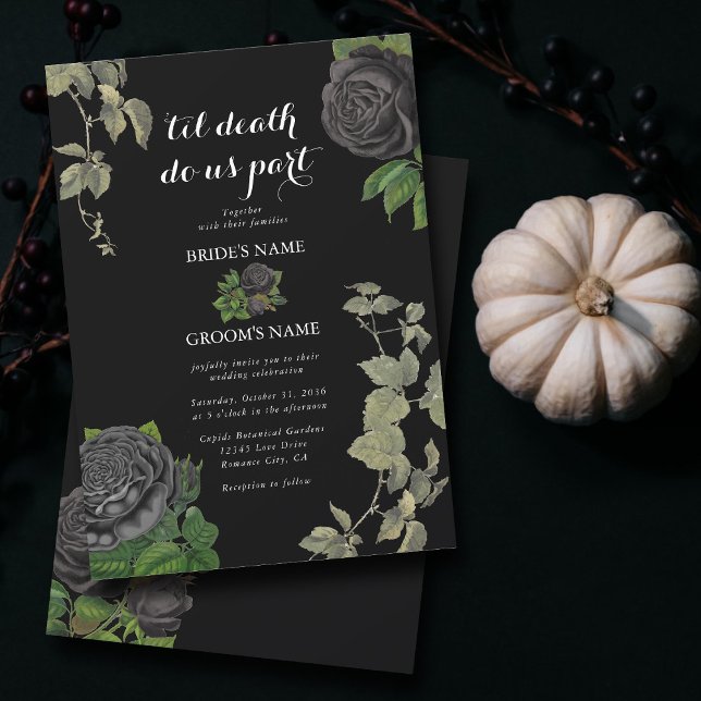 Convites Casamento de Rosas Negras do Halloween (Gothic Halloween Black Roses Wedding Invitation)
