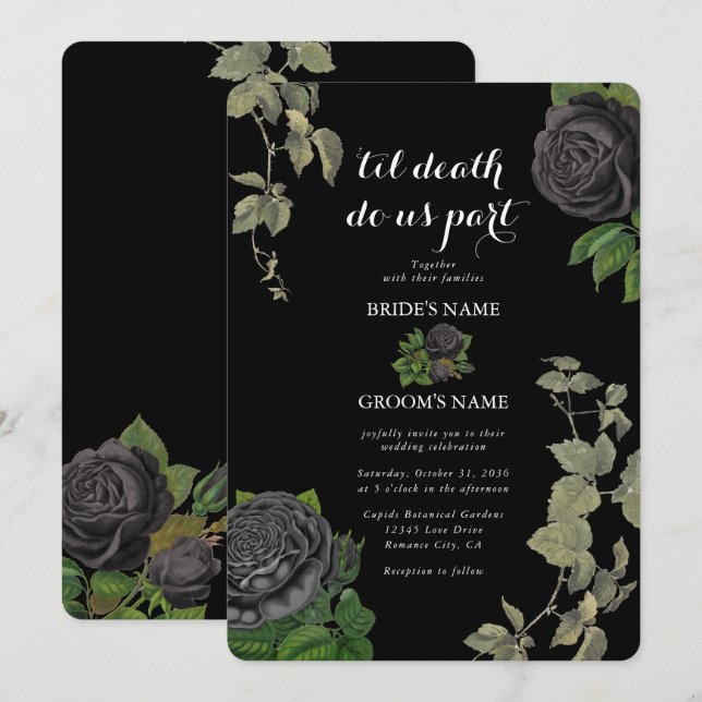 Convites Casamento de Rosas Pretas de Halloween Gótico (Frente/Verso)