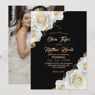 Convites Casamento de Rosas Pretas e Douradas Florais