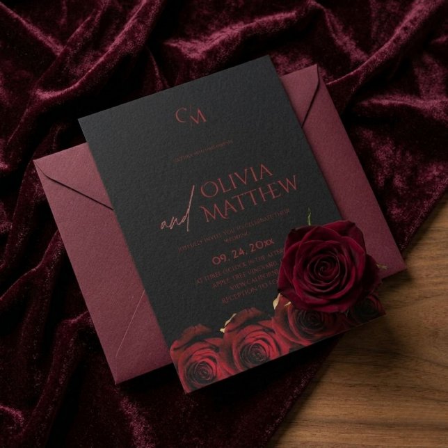 Convites Casamento de Rosas Pretas e Vermelhas Modernas (Criador carregado)