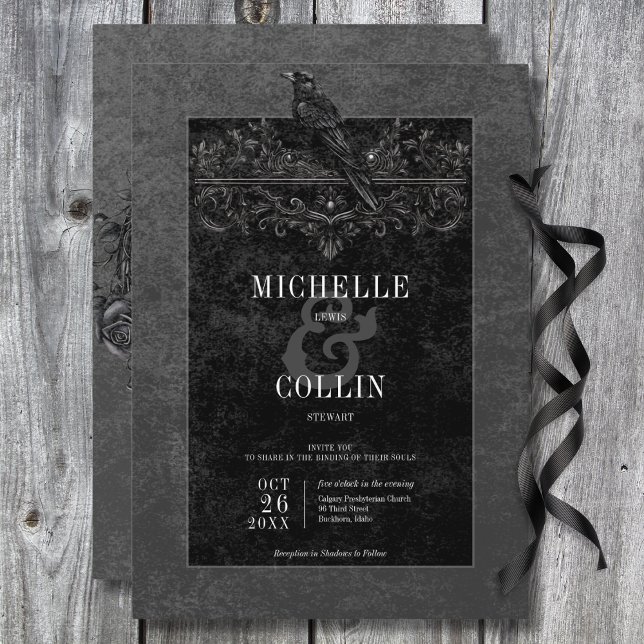 Convites Casamento de Rosas Pretos Góticos Raven e Pretos (Gothic Black Raven & Black Roses Wedding Invitation)