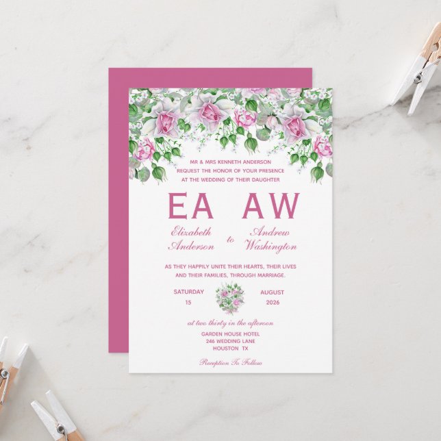 Convites Casamento de Rosas Românticas Rosa (Frente/Verso In Situ)