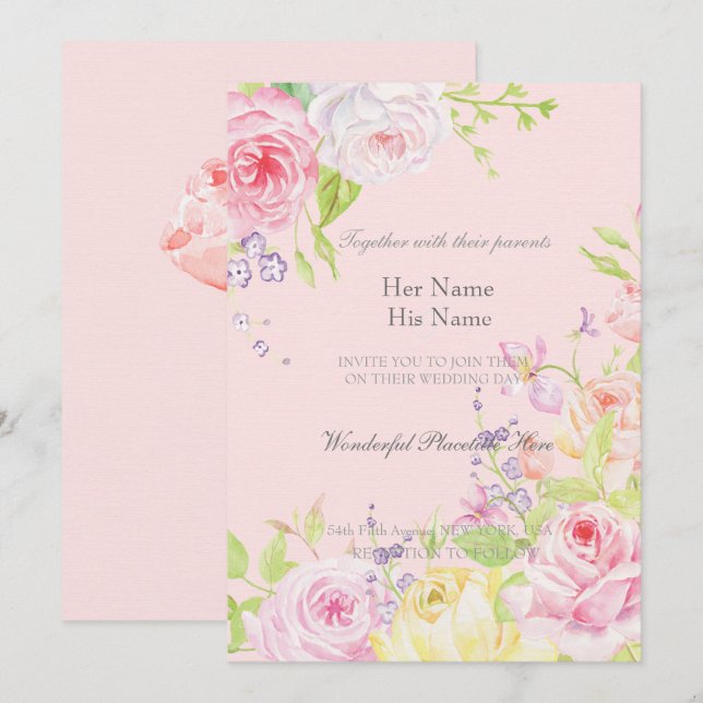 Convites Casamento de Rosas Românticos de Aquarela Rosa (Frente/Verso)