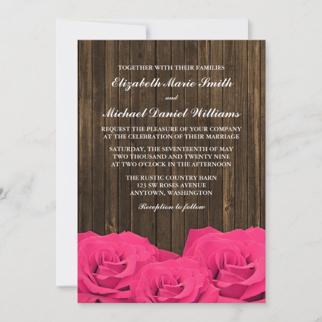 Convites Casamento de Rosas Rosa Barn Wood (Frente)