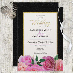 Convites Casamento de Rosas Rosa e Brilhante Preto