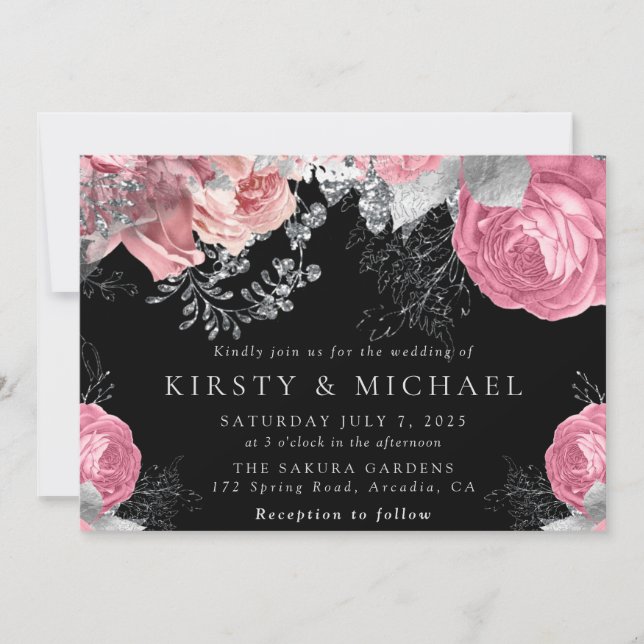 Convites Casamento de Rosas Rosa e Prata em Aquarela (Frente)