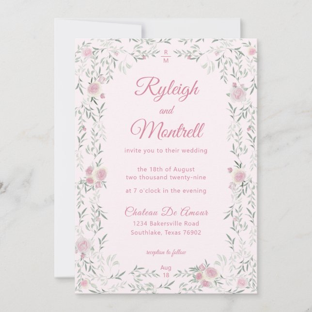 Convites Casamento de Rosas Rosa Românticas e Folhagens (Frente)
