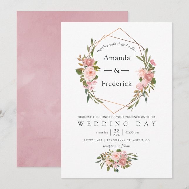 Convites Casamento de Rosas Rosa-Rosa Douradas Geométricas  (Frente/Verso)