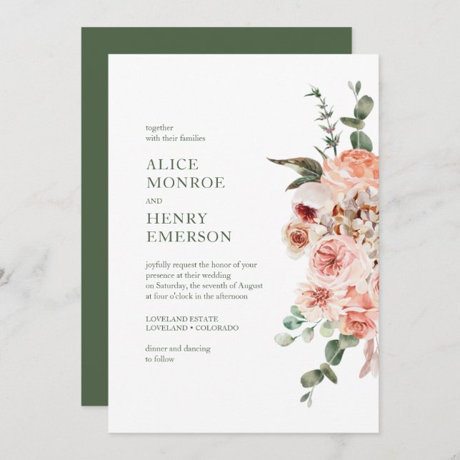 Convites Casamento de Rosas Rosa Rosa Espelhadas com Cor de (Frente/Verso)