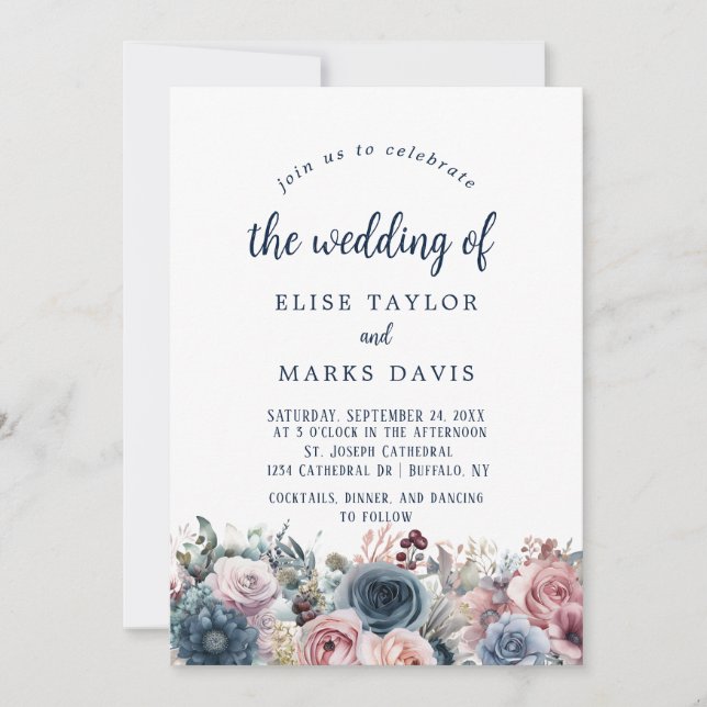 Convites Casamento de Rosas Rosa-Rosa marinho Azul (Frente)