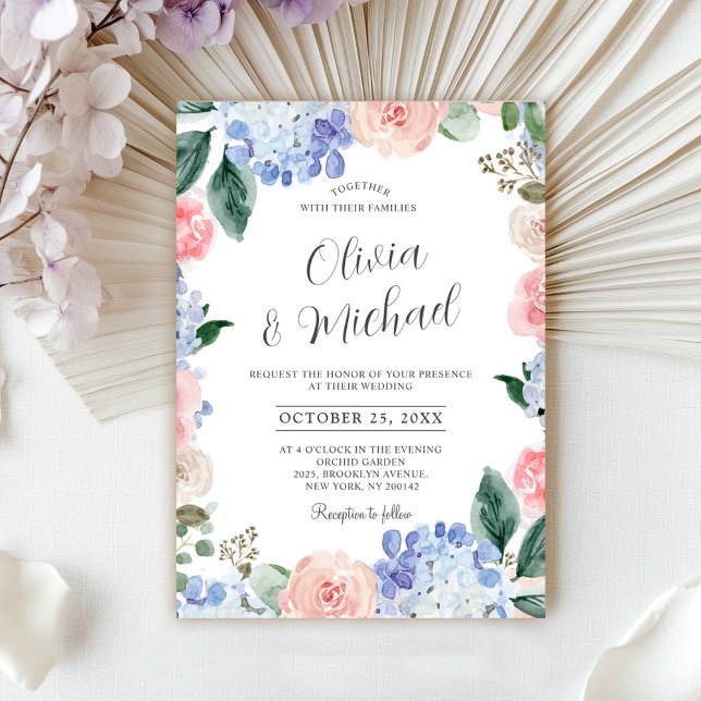 Convites Casamento de rosas rosa-rosa pastoreadas com hidra (Dusty blue hydrangeas pastel pink roses wedding invitation)