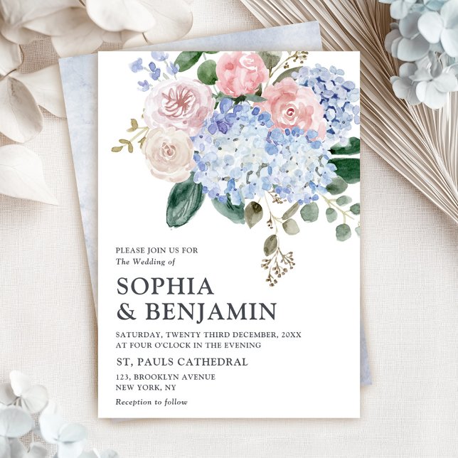 Convites Casamento de rosas rosa-rosa pastoreadas com hidra (Dusty blue pastel pink hydrangea floral wedding invitation)