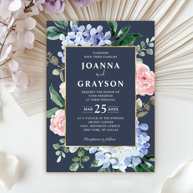 Convites Casamento de rosas rosa-rosa pastoreas pastoreas a (Dusty blue hydrangeas pastel pink roses wedding in invitation)