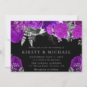 Convites Casamento de Rosas Roxas e Prata em Aquarela