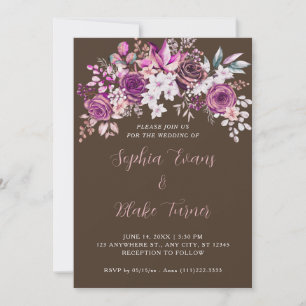 Convites Casamento de Rosas Roxas Elegantes Florais em Marr