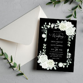 Convites Casamento de Rosas Tropicais em Preto e Branco Gót