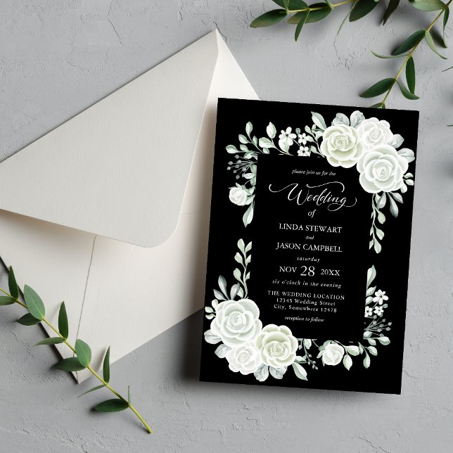 Convites Casamento de Rosas Tropicais em Preto e Branco Gót (Gothic black and white tropical roses invitation sets a bold, dramatic wedding tone.)