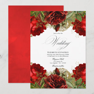 Convites Casamento de Rosas Vermelhas Bordô e Douradas Vint