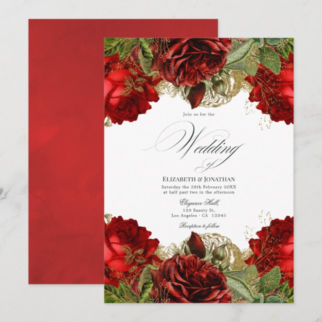 Convites Casamento de Rosas Vermelhas Bordô e Douradas Vint (Frente/Verso)