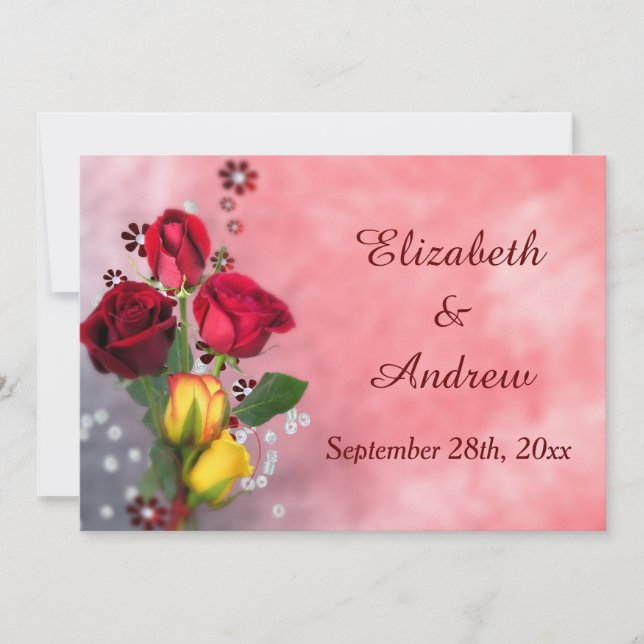 Convites Casamento de Rosas Vermelhas e Amarelas Chic (Frente)
