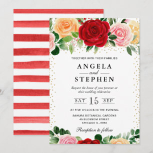 Convites Casamento de Rosas Vermelhas e Amarelas em Aquarel