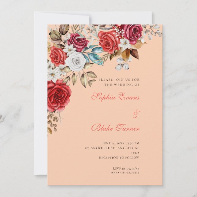 Convites Casamento de Rosas Vermelhas e Brancas Laranja Apr (Frente)