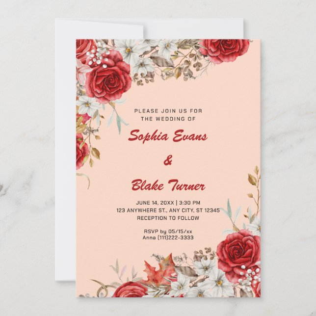 Convites Casamento de Rosas Vermelhas e Creme de Laranja Co (Frente)