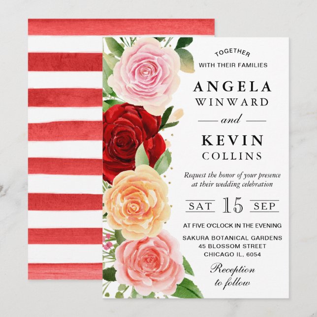 Convites Casamento de Rosas Vermelhas e Laranjas em Aquarel (Frente/Verso)
