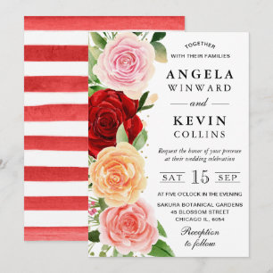 Convites Casamento de Rosas Vermelhas e Laranjas em Aquarel