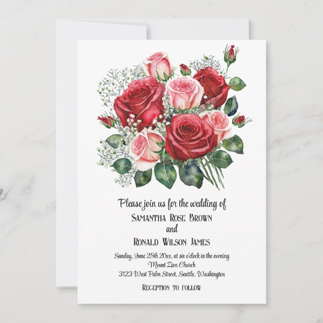 Convites Casamento de Rosas Vermelhas e Rosa Elegantes (Frente)