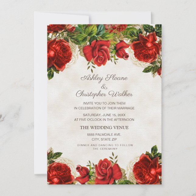 Convites Casamento de Rosas Vermelhas Elegantes Vintage (Frente)