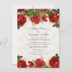 Convites Casamento de Rosas Vermelhas Elegantes Vintage