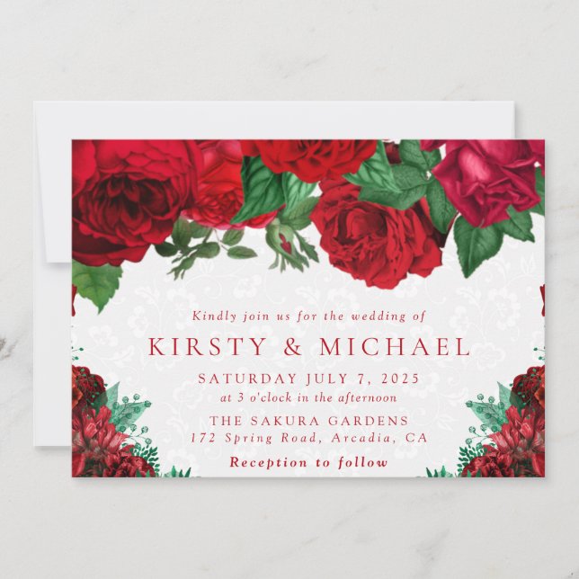 Convites Casamento de Rosas Vermelhas em Aquarela (Frente)