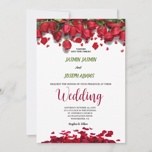 Convites Casamento de Rosas Vermelhas Luxuosas e Elegantes (Frente)