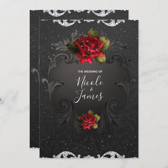 Convites Casamento de Rosas vermelhas Ornamentais de Black  (Frente/Verso)