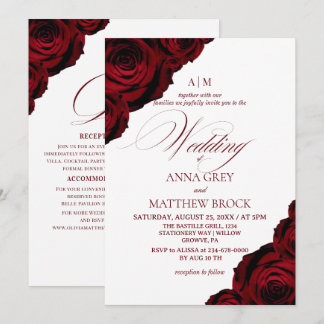 Convites Casamento de Rosas Vermelhas Românticas e Elegante