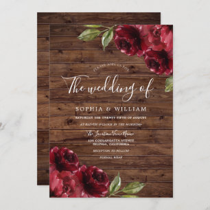 Convites Casamento de Rosas vermelhas Rustic Romantic Burgu