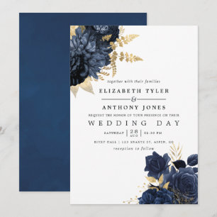 Convites Casamento de Rosas Vintage Azul Marinho e Dourado