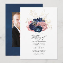 Convites Casamento de Rosas Vintage Rosa e Azul Marinho em 