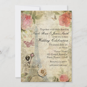Convites Casamento de Roses Cor-de-rosa Vintage Paris com F