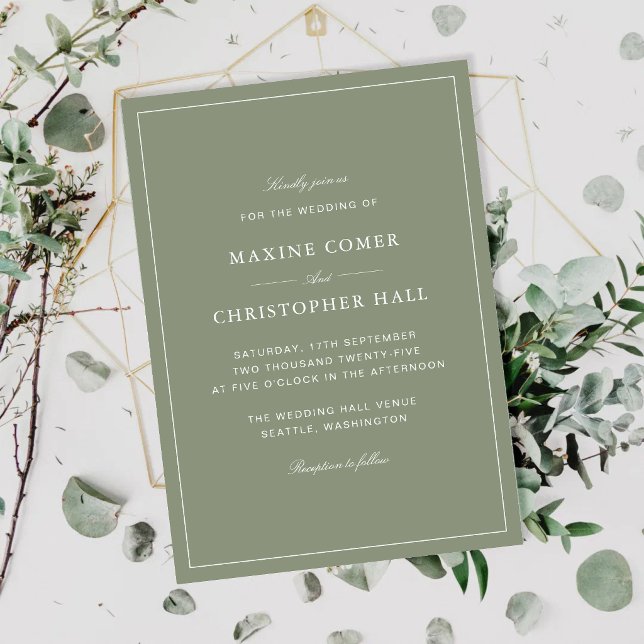 Convites Casamento de Roteiro Verde Clássico Empoeirado (Classic dusty green script wedding invitations set a timeless tone for your special day.)